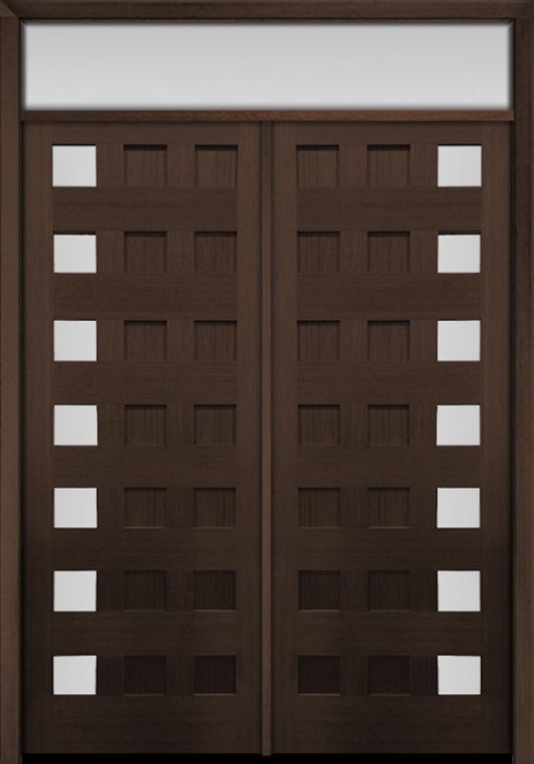 96" Mahogany Carlo Square 7 Lite TDL Contemporary Modern Double Door & Rec Transom