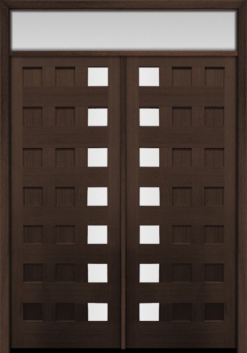 96" Mahogany Carlo Square 7 Lite TDL Contemporary Modern Double Door & Rec Transom