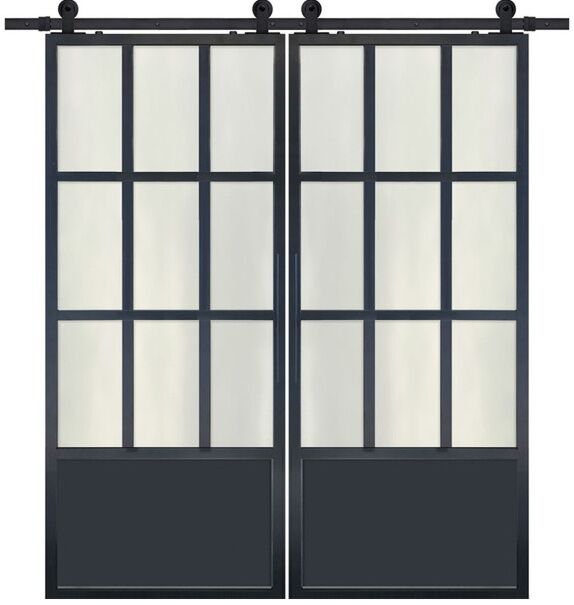 9 Lite 1 Panel Contemporary Metal Double Barn Door