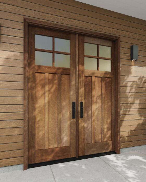 Mahogany Craftsman 4 Lite, Top View SDL 3 Panel Shaker Double Door|CRF-P3G4-SH