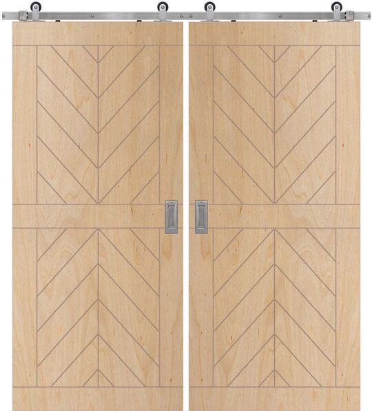 107" Birch 2 Panel Chevron Solid Contemporary Double Barn Door