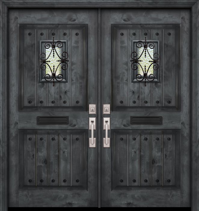 42&quot; x 80&quot; Double 2 Panel Square Estancia Alder Door with Speakeasy &amp; Clavos
