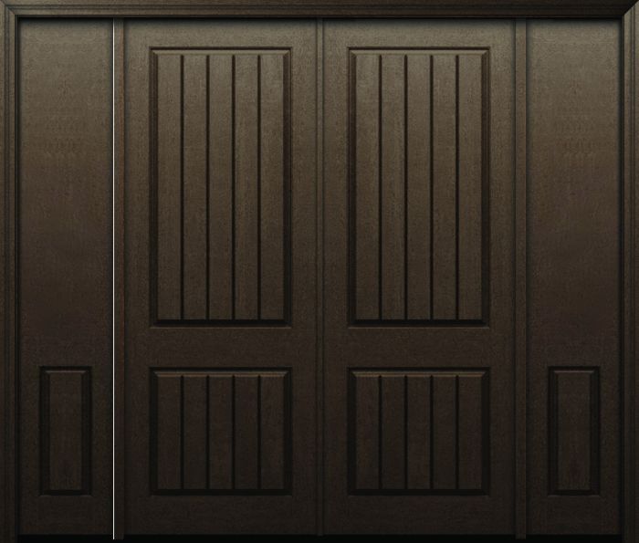 96" 2 Panel V-Grooved Rustic Fiberglass Raised Moulding Double Door, Sidelites