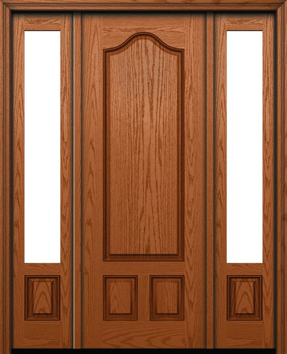 96" Gothic Panel Over 2 Panel Oak Fiberglass Single Door, Sidelites