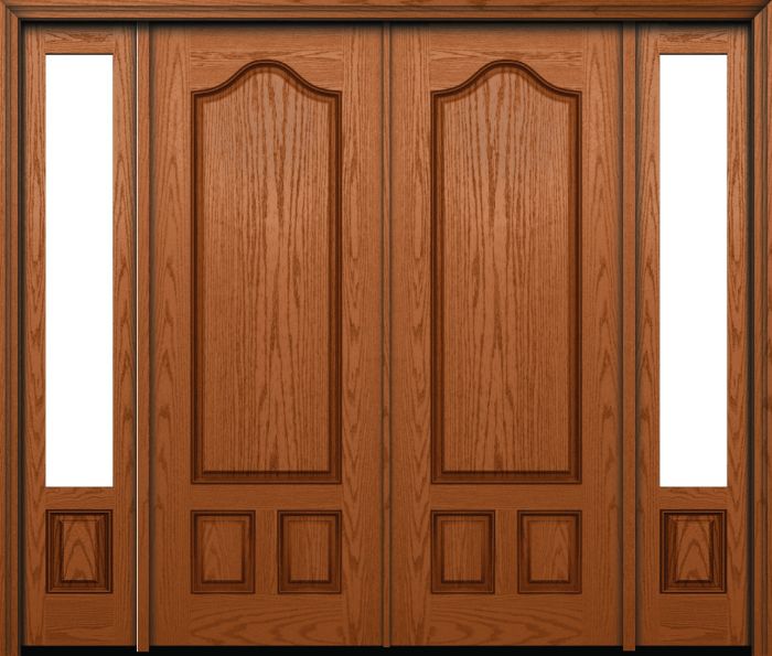 96" Gothic Panel Over 2 Panel Oak Fiberglass Double Door, Sidelites