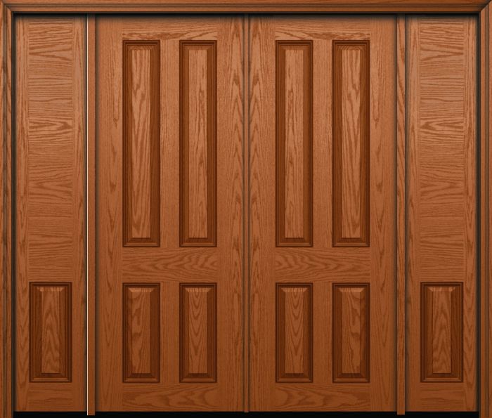 96" True 4 Panel Colonial Oak Fiberglass Double Door, Sidelites