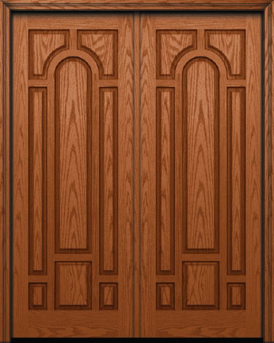 96" 8 Panel Center Arch Oak Fiberglass Double Door