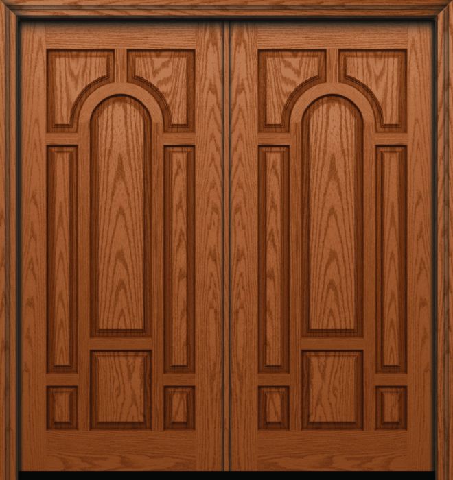 80" 8 Panel Center Arch Oak Fiberglass Double Door