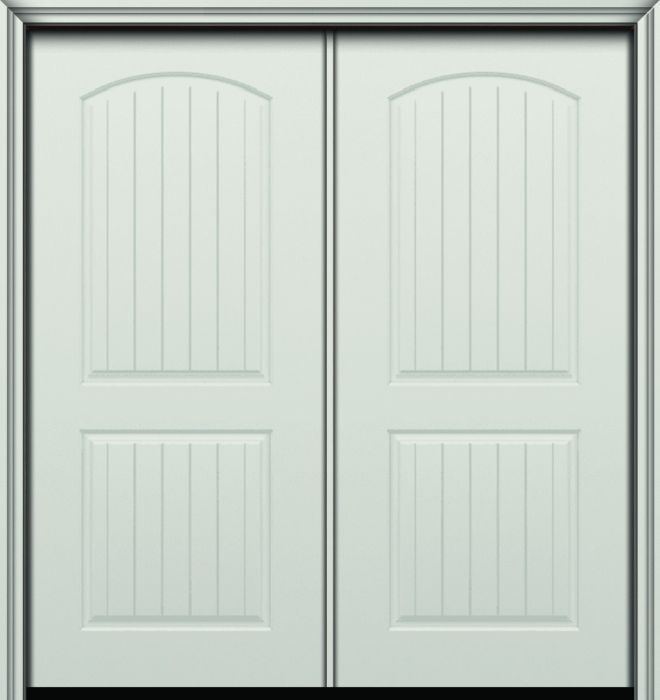 80" Arch 2 Panel Cottage Plank Smooth Fiberglass Double Door
