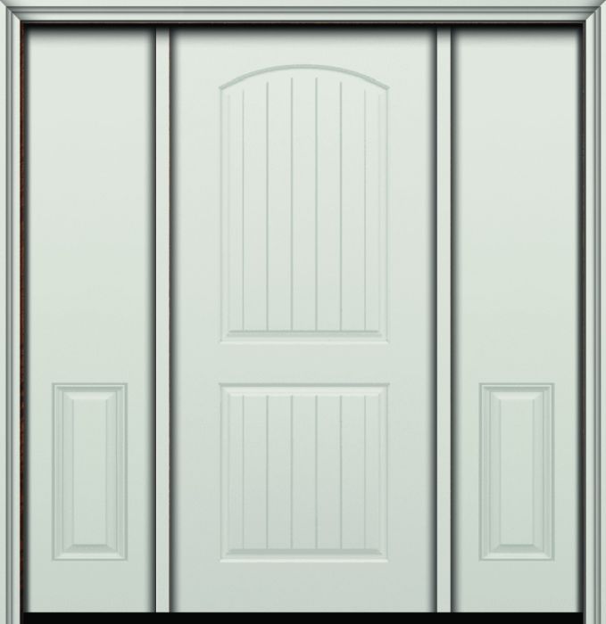 80" Arch 2 Panel Cottage Plank Smooth Fiberglass Single Door, Sidelites