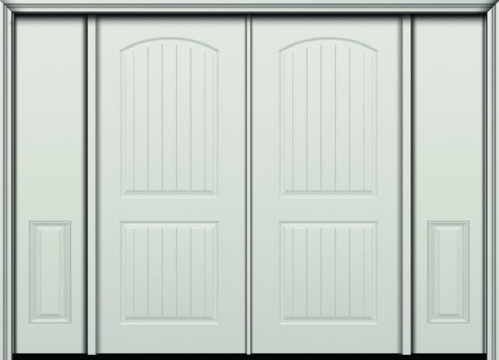 80" Arch 2 Panel Cottage Plank Smooth Fiberglass Double Door, Sidelites