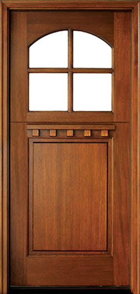 80" Craftsman Mahogany 1 Panel TDL 4 Lite Arched Single Door, Dutch Door