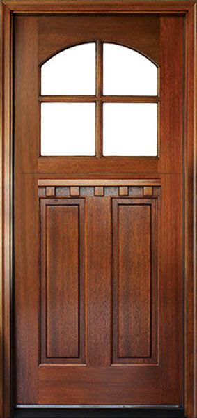 80" Craftsman Mahogany 2 Panel Vertical TDL 4 Lite Arched Single Door, Dutch Door