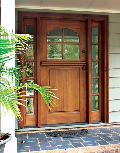 80" Craftsman Mahogany 1 Panel TDL 4 Lite Arched Single Door/2Sidelite