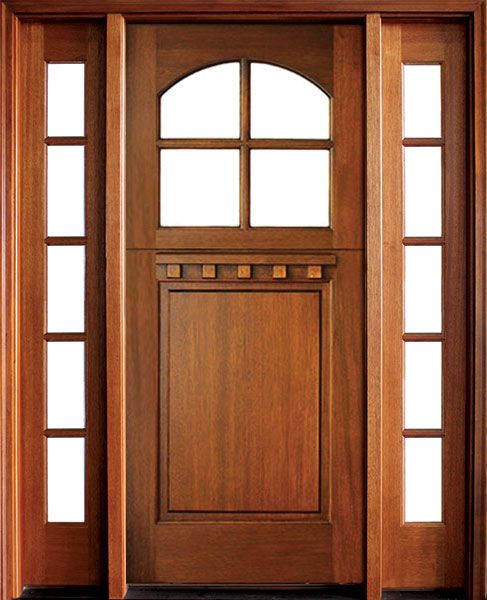 80" Craftsman Mahogany 1 Panel TDL 4 Lite Arched Single Door/2Sidelite