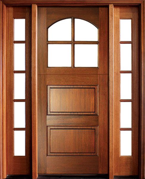 80" Craftsman Mahogany 2 Panel Horizontal TDL 4 Lite Arched Single Door/2Sidelite