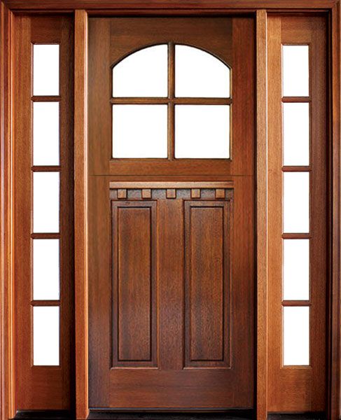 80" Craftsman Mahogany 2 Panel Vertical TDL 4 Lite Arched Single Door/2Sidelite