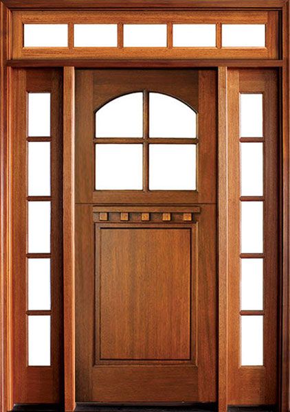 80" Craftsman Mahogany 1 Panel TDL 4 Lite Arched Single Door/2Sidelite & Rec Transom