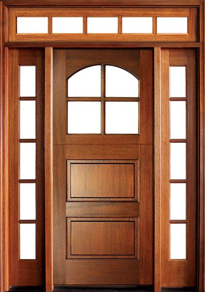 80" Craftsman Mahogany 2 Panel Horizontal TDL 4 Lite Arched Single Door/2Sidelite & Rec Transom