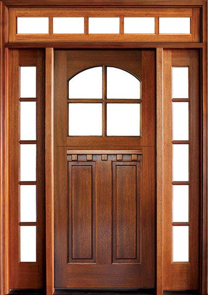 80" Craftsman Mahogany 2 Panel Vertical TDL 4 Lite Arched Single Door/2Sidelite & Rec Transom