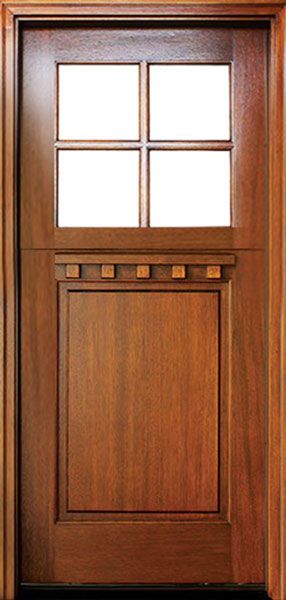 80" Craftsman Mahogany 1 Panel TDL 4 Lite Square Single Door, Dutch Door