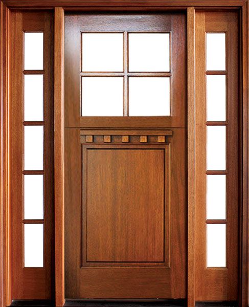80" Craftsman Mahogany 1 Panel 4 Lite TDL Square Single Door/2Sidelite