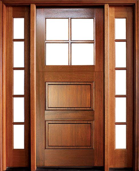 80" Craftsman Mahogany 2 Panel Horizontal TDL 4 Lite Square Single Door/2Sidelite