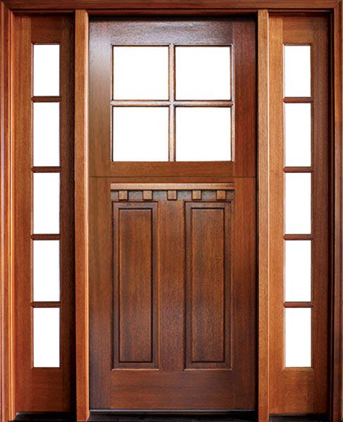 80" Craftsman Mahogany 2 Panel Vertical TDL 4 Lite Square Single Door/2Sidelite