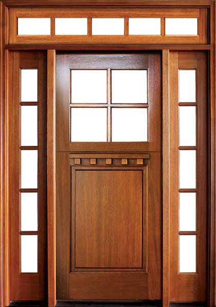 80" Craftsman Mahogany 1 Panel TDL 4 Lite Square Single Door/2Sidelite & Rec Transom
