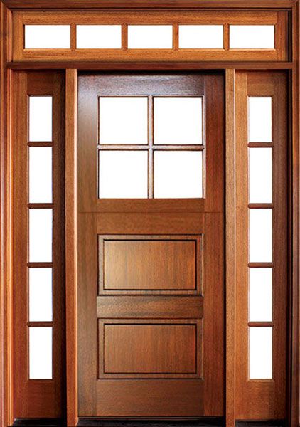 80" Craftsman Mahogany 2 Panel Horizontal TDL 4 Lite Square Single Door/2Sidelite & Rec Transom
