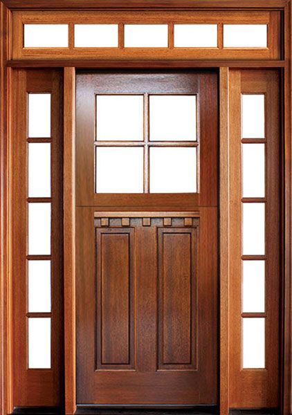 80" Craftsman Mahogany 2 Panel Vertical TDL 4 Lite Square Single Door/2Sidelite & Rec Transom