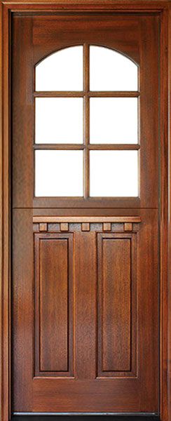 96" Craftsman Mahogany 2 Panel Vertical TDL 6 Lite Arched Single Door, Dutch Door
