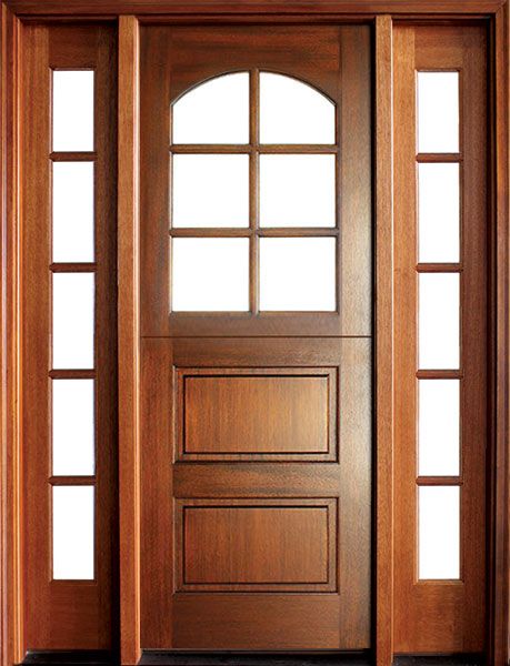 96" Craftsman Mahogany 2 Panel Horizontal TDL 6 Lite Arched Single Door/2Sidelite, Dutch Door
