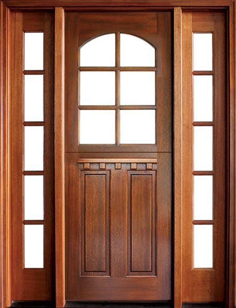 96" Craftsman Mahogany 2 Panel Vertical TDL 6 Lite Arched Single Door/2Sidelite, Dutch Door