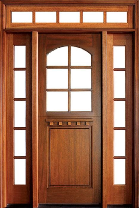 96" Craftsman Mahogany 1 Panel TDL 6 Lite Arched Single Door/2Sidelite & Rec Transom, Dutch Door
