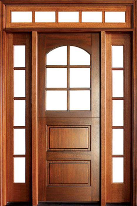 96" Craftsman Mahogany 2 Panel Horizontal TDL 6 Lite Arched Single Door/2Sidelite & Rec Transom, Dutch Door