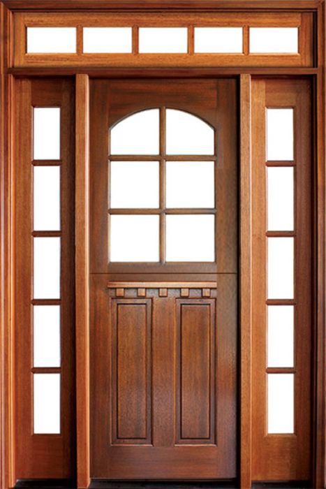96" Craftsman Mahogany 2 Panel Vertical TDL 6 Lite Arched Single Door/2Sidelite & Rec Transom, Dutch Door