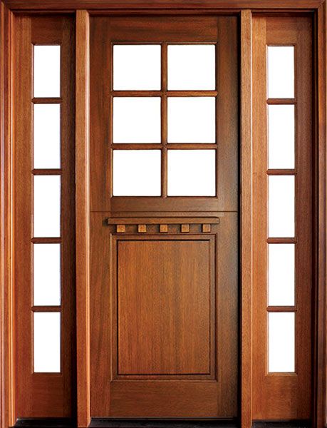 96" Craftsman Mahogany 1 Panel TDL 6 Lite Square Single Door/2Sidelite, Dutch Door