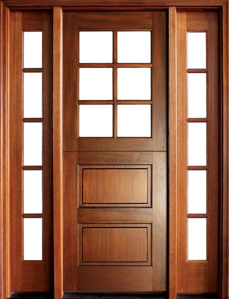 96" Craftsman Mahogany 2 Panel Horizontal TDL 6 Lite Square Single Door/2Sidelite, Dutch Door