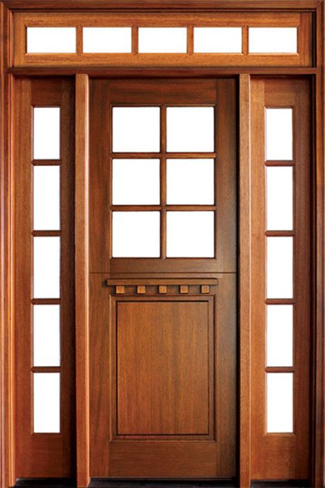 96" Craftsman Mahogany 1 Panel TDL 6 Lite Square Single Door/2Sidelite & Rec Transom, Dutch Door