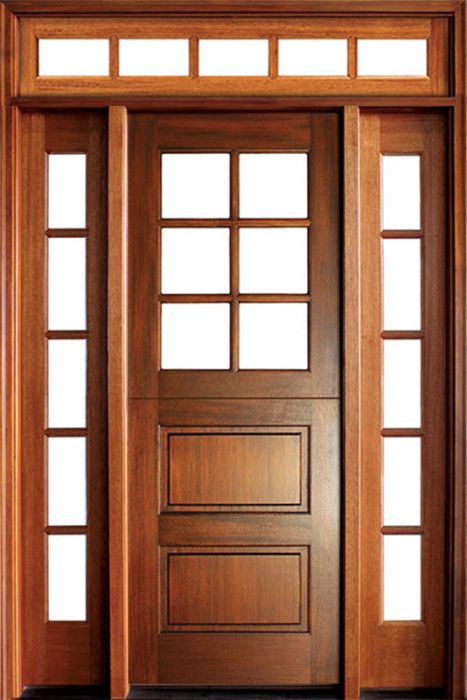 96" Craftsman Mahogany 2 Panel Horizontal TDL 6 Lite Square Single Door/2Sidelite & Rec Transom, Dutch Door