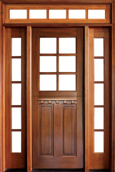 96" Craftsman Mahogany 2 Panel Vertical TDL 6 Lite Square Single Door/2Sidelite & Rec Transom, Dutch Door