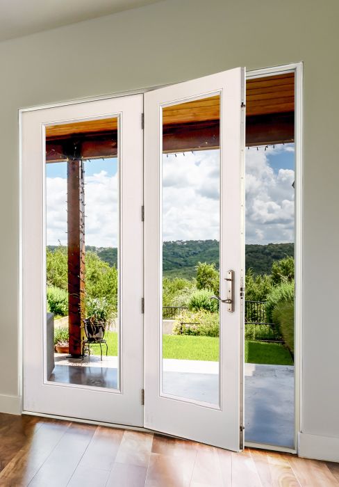 Low-e 96" Full Lite Fiberglass Center Hinged Double Door, Impact Rated