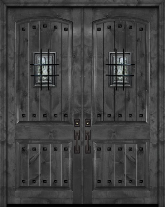 42&quot; x 96&quot; Double Arch 2 Panel Estancia Alder Door with Speakeasy &amp; Clavos