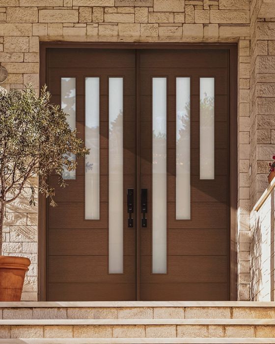 96" Mahogany Flores Diagonal 3 Lite V2 Contemporary Modern Double Door