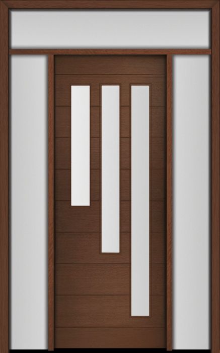 96" Mahogany Flores Diagonal 3 Lite V2 Contemporary Modern Single Door/2Sidelite & Rec Transom