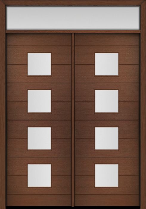 96" Mahogany Flores Square 4 Lite Contemporary Modern Double Door & Rec Transom