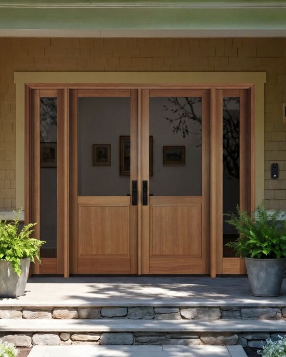 Mahogany 1/2 Lite 1 Panel Modern Farmhouse Shaker Double Door, Sidelites|G5001-SH