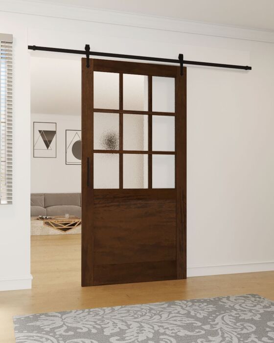 Mahogany 1/2 Lite, 9 Lite SDL 1 Panel Shaker Single Barn Door|G5009-BARN