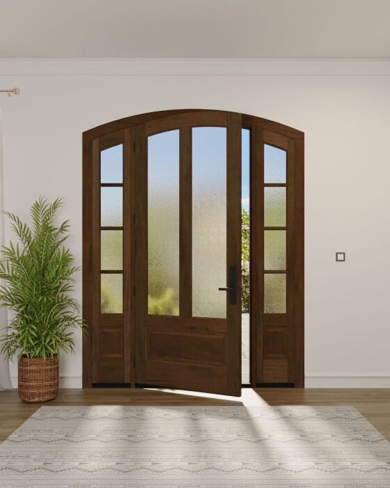 Mahogany Montana Arch Top 3/4 Lite, Twin Lite 1 Panel Single Door, Sidelites|G75201-ART-OG_G75401-ARTP-SL_1-2